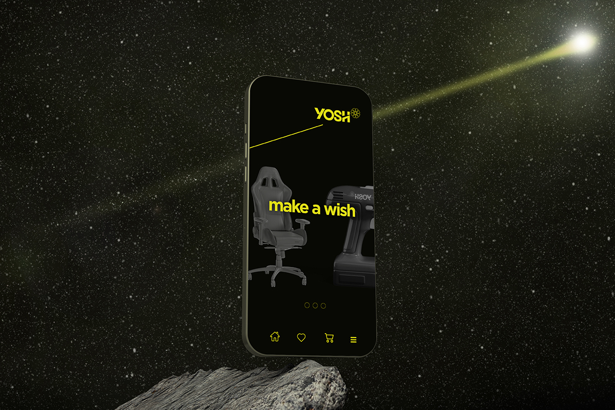Nome empresarial e design de marca para o e-commerce YOSH, projeto de naming e branding assinado por ENTRE Design.