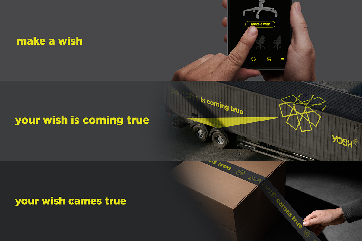 Nome empresarial e design de marca para o e-commerce YOSH, projeto de naming e branding assinado por ENTRE Design.