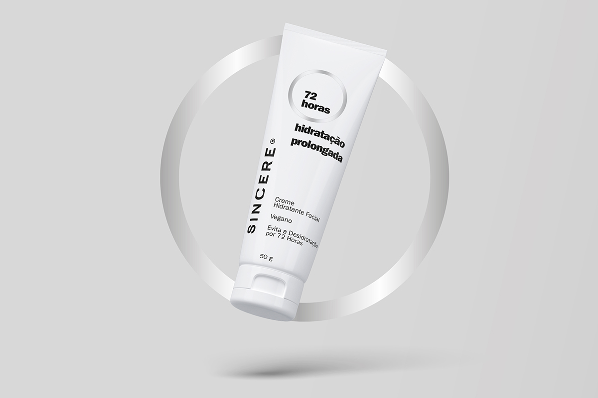 Naming, Branding and Packaging design for SINCERE products using a black and white palette. A silver circle 'lens' highlights the product benefits, with color codes for Hair (Lilac) and Sun (Gold).