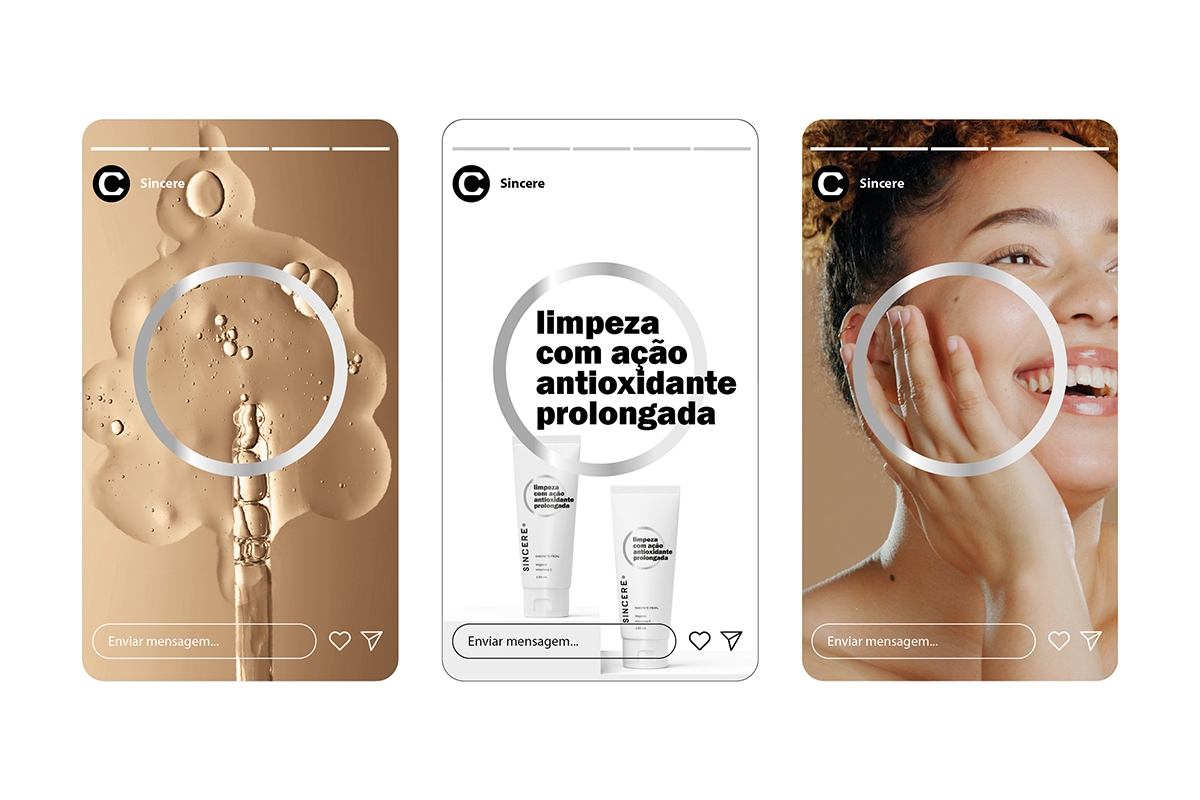 Naming, Branding and Packaging design for SINCERE products using a black and white palette. A silver circle 'lens' highlights the product benefits, with color codes for Hair (Lilac) and Sun (Gold).